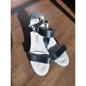 Amalfi by Rangoni Firenze Black‎ Leather Wedge Sandals Size 9 Italian Rope Sole